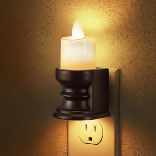 Image of Meonum Flickering Flameless Candle Night Light Plug in, Dimmable LED Nightlight with Dusk to Dawn Sensor, Decorative Candle Light for Bedroom, Hallway, Bathroom (1 Pcs,Warm Yellow & Brown Base)
