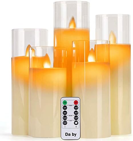 Da by Flameless Candles with Glass Effect 4" 5" 6" 7" 8" Set of 5 Drip-Less Real Wax Pillars Include Realistic Dancing LED Flames and 10-Key Remote Control with 24-Hour Timer Function