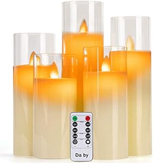 Da by Flameless Candles with Glass Effect 4" 5" 6" 7" 8" Set of 5 Drip-Less Real Wax Pillars Include Realistic Dancing LED Flames and 10-Key Remote Control with 24-Hour Timer Function