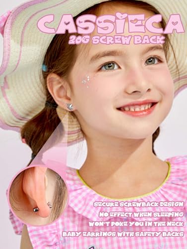 CASSIECA 8 Pairs Hypoallergenic Screw back Earrings for Girls Women 316L Stainless Steel CZ Pearl Heart Flower Turtle Butterfly Stud Earrings Jewelry Gift Women Girl3