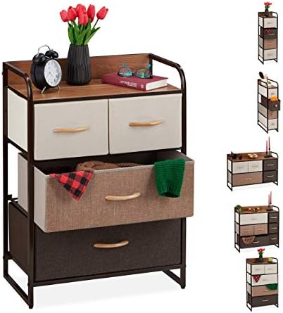 Relaxdays Dresser, 4 Drawer Compartments, with Shelf, 4 Folding Baskets, Fabric, Steel Frame, 79x58x31.5 cm, Brown, 79 x 58 x 31.5 cm