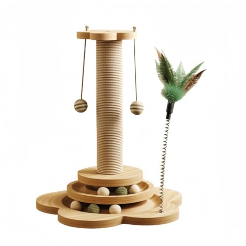 HOTGEEJP猫爪とぎ 麻 爪研ぎ ポール 花形 スクラッチポール おもちゃ 可愛い ゴロゴロボール 回転盤 頑丈 家具破壊防止 運動不足解消 天然サイザル麻 木製 組み立て簡単 ターンテーブル 安定 (46cm,花 + 大型模型)