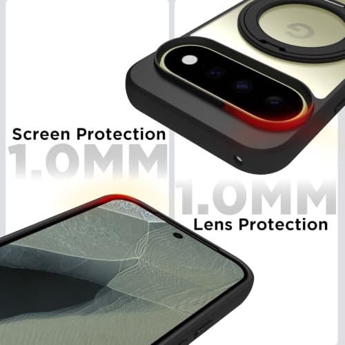 Image of RIGGEAR Shockproof Sleek Hybrid Armor 360 Rotating Magnetic Ring Stand Back Cover Case Compatible with MagSafe Accessories for Google Pixel 11 / Pixel 11 Pro (Clear PC + Black TPU Bumper)