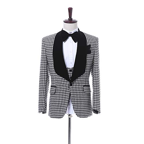 Houndstooth Velvet Lapel Men Suits - Premium 3 Pieces Grid Plaid Slim Fit Check Tuxedo Black Velvet Shawl Lapel Wedding Suits #TOP1