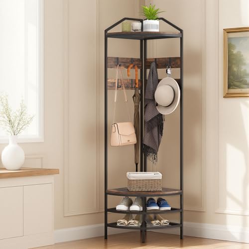HOMCOM Corner Hall Tree, Industrial 4-Tier Coat Rack with Shoe