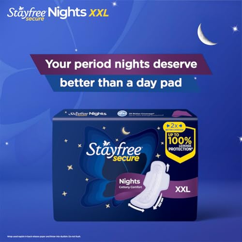 Image of Stayfree Secure Night Ultra Comfort Sanitary Pads - XXL Wings, 18 Pads (Pack of 2) | Overnight Protection | Leak-Lock Technology