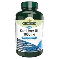 Natures Aid Cod Liver Oil 1000mg Softgels High Strength Omega-3 Fish Oil with Vitamins A & D Supports Immune System, Heart Health, Brain, Vision, Joints Non-GMO 180 Capsules
