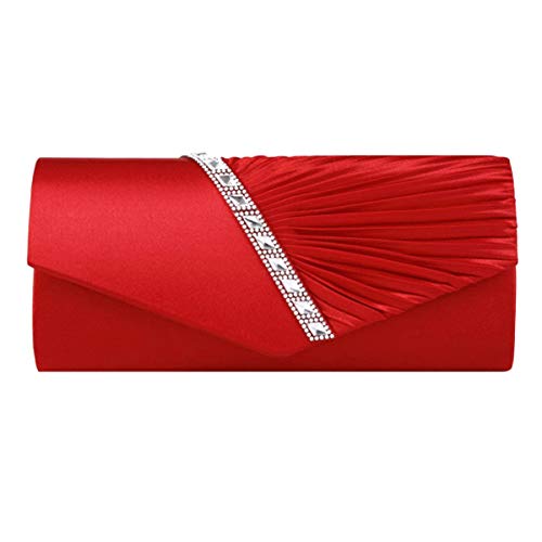 Buddy Evening Clutch Handbag Women Fashion Pleated Crystal-Studded Crossbody Shoulder Bag Chain Clutch Purse (Red)