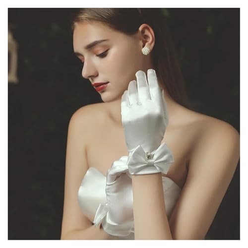 2 Pairs Bride Gloves Elegant Bow Knot Pearl Pendant Short Gloves for Wedding Opera Dinner Party Elastic Satin(Black)3
