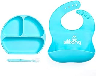 Silicone Baby Feeding Set - Divided Suction Plate, Silicone Bib and Flexible Spoon