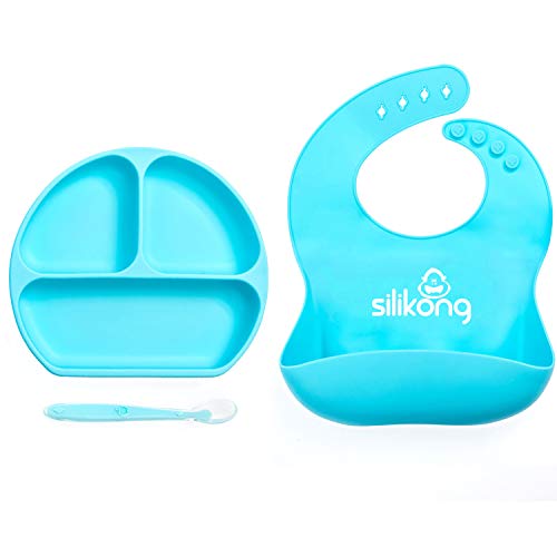 Silicone Baby Feeding Set - Divided Suction Plate, Silicone Bib and Flexible Spoon