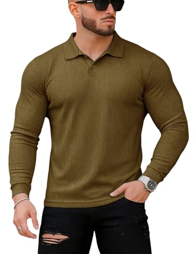 Muscle Cmdr Men's Slim Fit Muscle Polo Shirts Long Sleeve Stretch Quick Dry Tee Casual Golf Athletic T-Shirts (Brown XS)