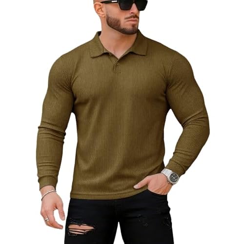 Muscle Cmdr Men's Slim Fit Muscle Polo Shirts Long&Short Sleeve Stretch Quick Dry Tee Casual Golf Athletic T-Shirts X-Small Brown-long