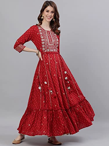 Image of ishin Women's Cotton Regular Fit Anarkali Embellished Zari Embellished Print Kurti