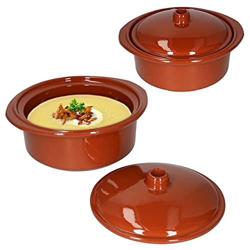 MamboCat 2er Ton Töpfe Set mit Deckel 1,6 Liter I Cocotte Bräter mit Griffen I Grillschalen rund I Keramik Kochtöpfe Set I Schmortöpfe für Backofen I Behälter zum Kochen I Mittelalter Geschirr
