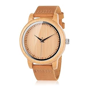 BOBO BIRD Men’s Women’s Bamboo Wooden Watch with Brown Cowhide Leather Strap Analog Quartz Casual Watches