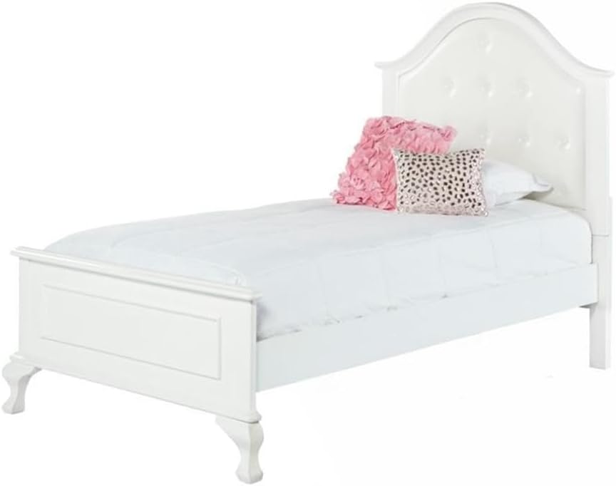 Pemberly Row Contemporary 3-Piece Twin Kids Bedroom Set, Solid Wood and Engineered Wood, White Finish, Includes Bed, Chest, Nightstand, Crystal-Like Knobs, Buttons in Headboard, Dustproof Case Bottoms