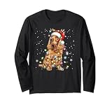 Divertida camiseta de Navidad con luz de Navidad para perro Cocker Spaniel. Bonita camiseta de Navidad para cachorros, para hombres, mujeres, niños, familiares, amigos, que aman el Cocker Spaniel. Sombrero de Papá Noel, Cocker Spaniel Feliz árbol de Navidad, pijama familiar a juego con suéter de Navidad Cocker Spaniel