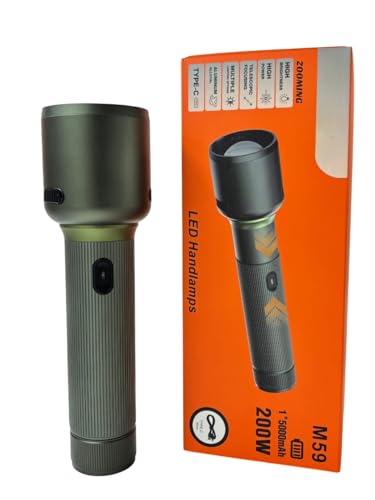 Image of RL-M59 Heavy Duty 200W LED Torch, Metal Rechargeable Flashlight with 5000mAh Battery, Telescopic Zoom Focus, Type-C Fast Charging for Home & Outdoor Use