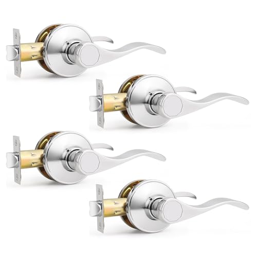 Probrico Interior Door Handle Lever Chrome Door Handles Passage Door Lever Handle, Closet Door Handle Polished Chrome Interior Keyless Door Handle for Hallway Closet Wave Style Reversible, 4 Pack
