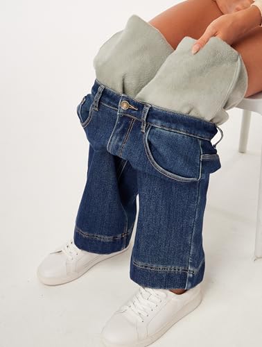 heipeiwa Women's Fleece Lined Jeans Wide Leg Baggy Winter Jeans Thermal Flannel Lined Jean Denim Pants2