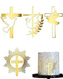 TBCDS 4 Pezzi Topper Torta Croce, Decorazioni Torta Prima Comunione, per Ragazze e Ragazzi, Croce Dorato e Colomba in Acrilico, Topper Comunione (Oro)