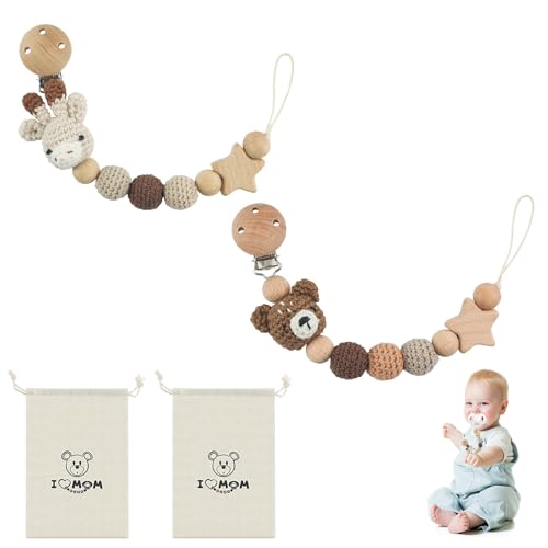 2 Stück Handgemachte Schnullerkette Cup Catcher Sicherheitsgurt für Spielzeug Verstellbarer Kinderwagenkette zum Aufhängen von Spielzeug Trinkbecher Halteriemen für Kinderwagen(Giraffe + Bär)