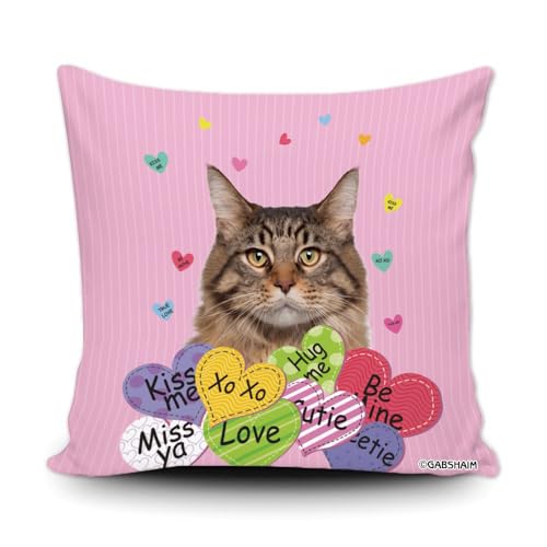 GABSHAIM Maine Cooncat Cat Dog Pink Hearts Pillow Cover Valentines Day Anniversary Wedding Cushion Case Pillowcase 18X18 Inch Canvas Double Side