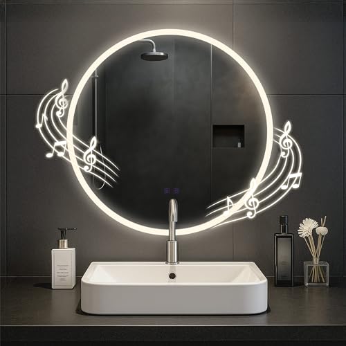 CLP Espejo de baño Laconia con iluminación, Altavoz Bluetooth, Espejo de baño antivaho, Espejo de Pared Redondo LED Regulable, Tamaño:Ø 70