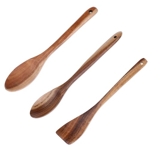 3pcs Wooden Spoon and Spatula for Cooking, Wooden Wok Spatula Large Wood Mixing Spoon Wooden Measuring Spoons with Long Handles, Wooden Kitchen Utensil Serving Spoons & Spatula for Baking Stirring