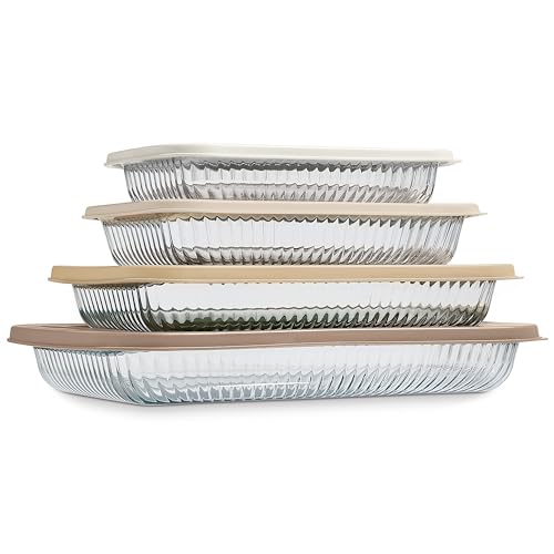 COOK WITH COLOR 8-Piece Deep Glass Baking Dish Set with Plastic Lids – Casserole and Food Storage Containers for Lasagna, Leftovers – Freezer-to-Oven, Microwave & Dishwasher Safe, Brown
