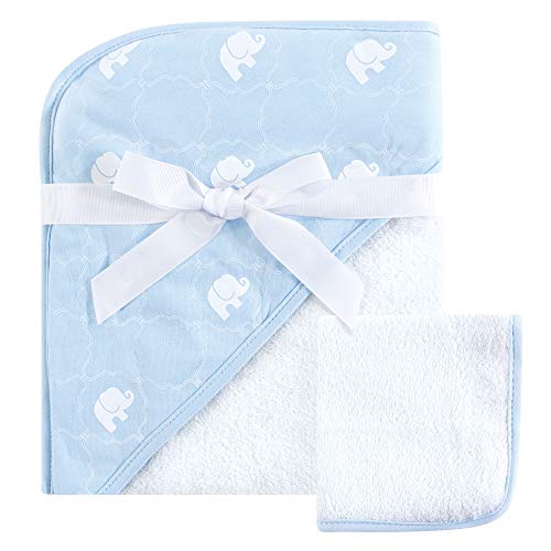 Image of Hudson Baby Unisex Baby Cotton Hooded Towel and Washcloth, Blue Elephant, One Size