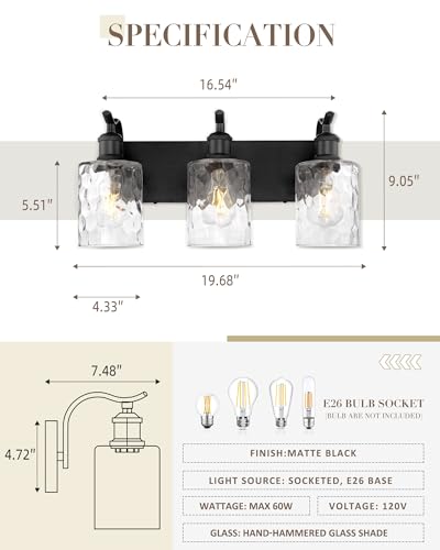 Image of Bathroom Vanity Light Fixtures Over Mirror 3-Light Hammered Glass Wall Mounted Modern Black - VL01BKH-3