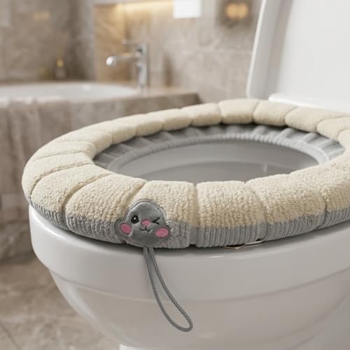 Soft and Warm Toilet Seat Cover for Bathroom Use with High Stretchability Washable Design for Easy Cleaning Compatible with Most Toilet Shapes at Home (Beige with gray B) — view 8