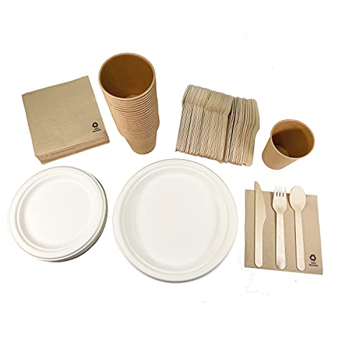 Disposable Tableware Set of 200 Pieces for 25 People. Ecological Sugarcane Tableware. Includes 50 Plates, 75 Wooden Cutlery - Image 2