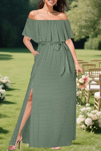 Image of Pinup Fashion Women Plus Size Summer Casual Off Shoulder Eyelet Maxi Dress | Breathable eyelet fabric,elegant ruffle,high waisted,stylish belt,side split,handy pockets,ideal for summer, wedding guest.