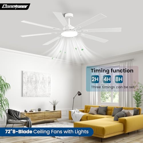Image of 72 Inch Ceiling Fans with Lights and Remote, Dual Color 8 Blades, Bedroom Living Room Office Library Cafe Outdoor Industrial, 3CCT Dimmable, 6 Speed Reversible Quiet DC Motor, White /Wood Grain