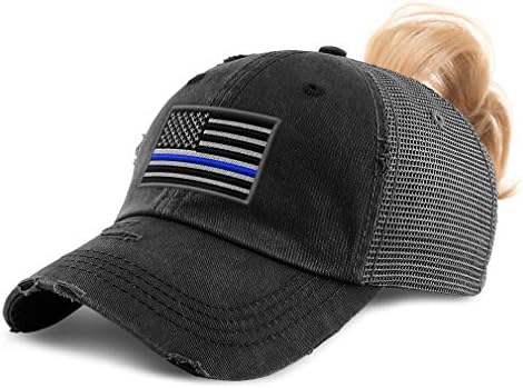 Speedy Pros Womens Ponytail Cap American Flag Thin Blue Line Embroidery Cotton Messy Bun Distressed Trucker Hats Strap Closure Black Design Only
