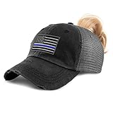 Speedy Pros Womens Ponytail Cap American Flag Thin Blue Line Embroidery Cotton Messy Bun Distressed Trucker Hats Strap Closure Black Design Only