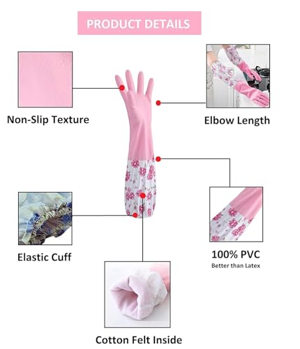 Image of UCRAVO 1Pair Reusable Rubber Cleaning Gloves for Kitchen Dishwashing, Bathroom, Laundry & Household Cleaning - Waterproof, Heat Resistant, Non-Slip Grip, Long Sleeve Hand Protection for Men & Women