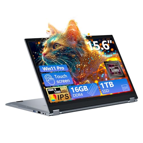 Ordinateur Portable 15,6 Pouces 2-en-1 - PC Portable Win 11, 16Go RAM 1To SSD, Laptop avec Processeur Ryzen 3 3200U, Écran Tactile IPS FHD 360° Rotation,...