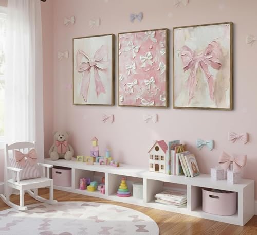 Image of Framed 3D Textured 3Pcs Trendy Pink Bow Canvas Wall Art Vintage Cute Preppy Watercolor Bow Painting Pictures Wall Decor Posters Prints Girly Aesthetic for College Apartment Bedroom Decoration