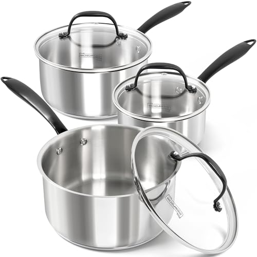 MICHELANGELO Tri-Ply Stainless Steel Saucepan with Lid 6 Pcs, Stainless Steel Sauce Pans with Cool Handle, 6 Pcs Multipurpose Sauce Pots Set for Kitchen Cooking, Induction Compatible, 1QT & 2QT &3QT by MICHELANGELO - Used condition - US$35.99