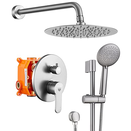 Shower System With Slide Bar,10" Rain Shower Head With 5-Setting Handheld Shower Faucet Set,Shower Combo Set With Shower Valve,Brushed Nickel #TOP5