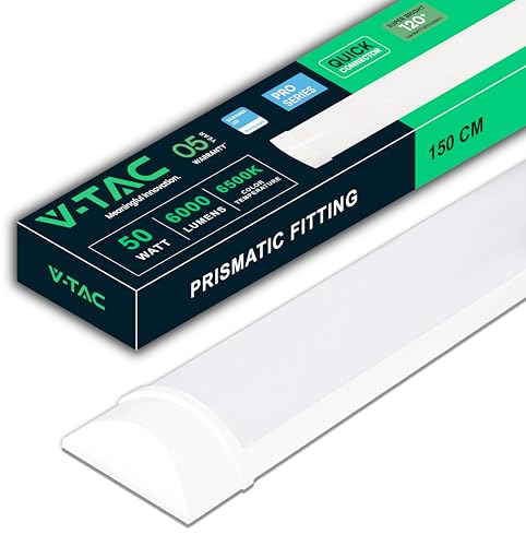 V-TAC Plafoniera LED Lineare da Soffitto 150 CM - 50W - Chip Samsung - Lampada Rettangolare 6000 Lumen IP20 per Parete, Garage, Negozio - 120LM/W - Tubo LED - Luce 6400K Bianca Fredda