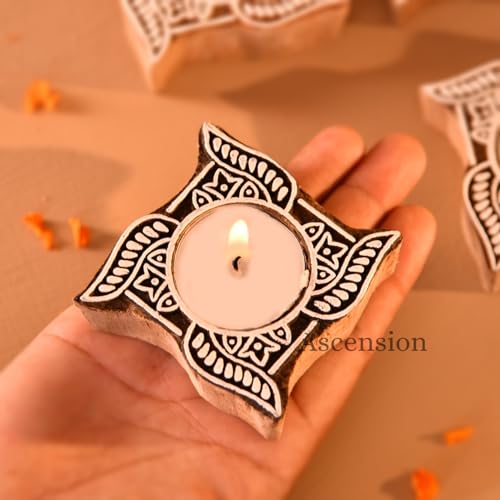 Image of Ascension Pack of 4 Wooden Swastik Shaped Tea Light Candle Holder Handmade Wooden Block Print Tealight Candle Stand Decorative Items For Puja Gifting Indoor Outdoor Diwali Decoration Home Office Decor