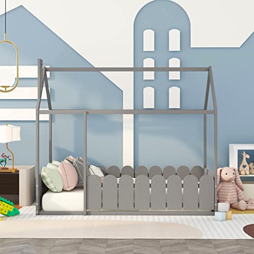 Meritline House Bed Twin Size Kids Bed Frame With Roof And Fence, Box Spring Needed #TOP2