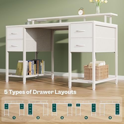 Image of Huuger 55 inch Computer Desk with 4 Drawers, Gaming Desk with LED Lights & Power Outlets, Home Office Desk with Large Storage Space for Bedroom, Work from Home, White