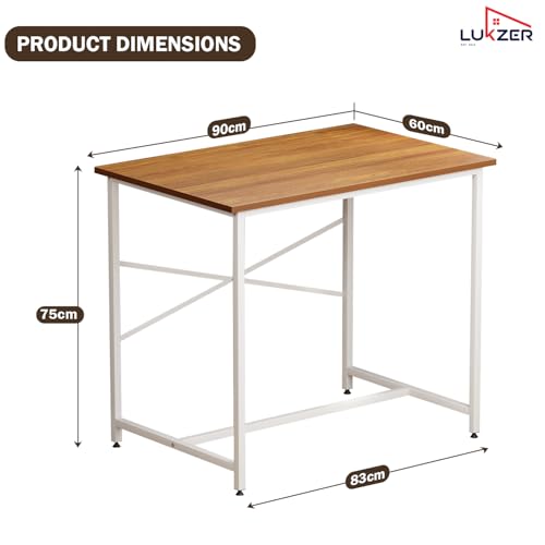 Image of Lukzer Metal & Engineered Wood Study Table for Home & Office | MST-008 /White & Oak Brown | Laptop & Computer Workstation Desk | Sturdy Writing Table for Students & WFH | Spacious Tabletop (90x60x75cm)