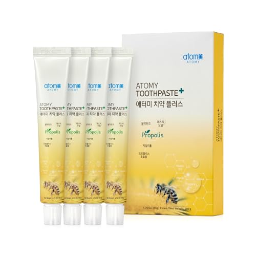 Atomy Toothpaste Plus with Propolis & Green Tea Extract - Travel Size (1.76 oz) x 4 Pack - Natural Oral Care for Gum Health Bad Breath Plaque Removal - Clear Gel Type